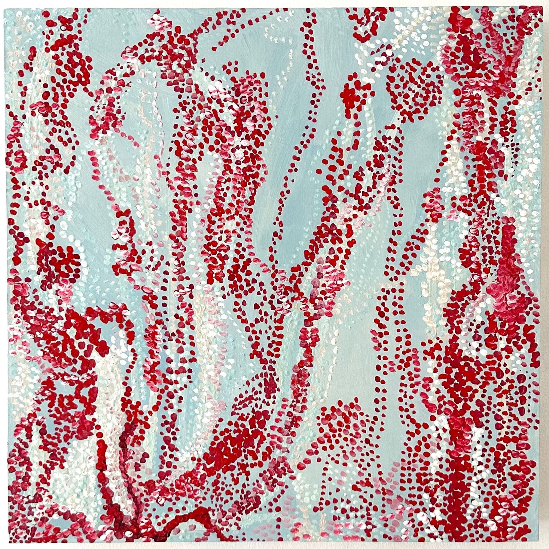 Blossom — Oil on canvas, red and blue, 16 × 16 in, by Selin Salci