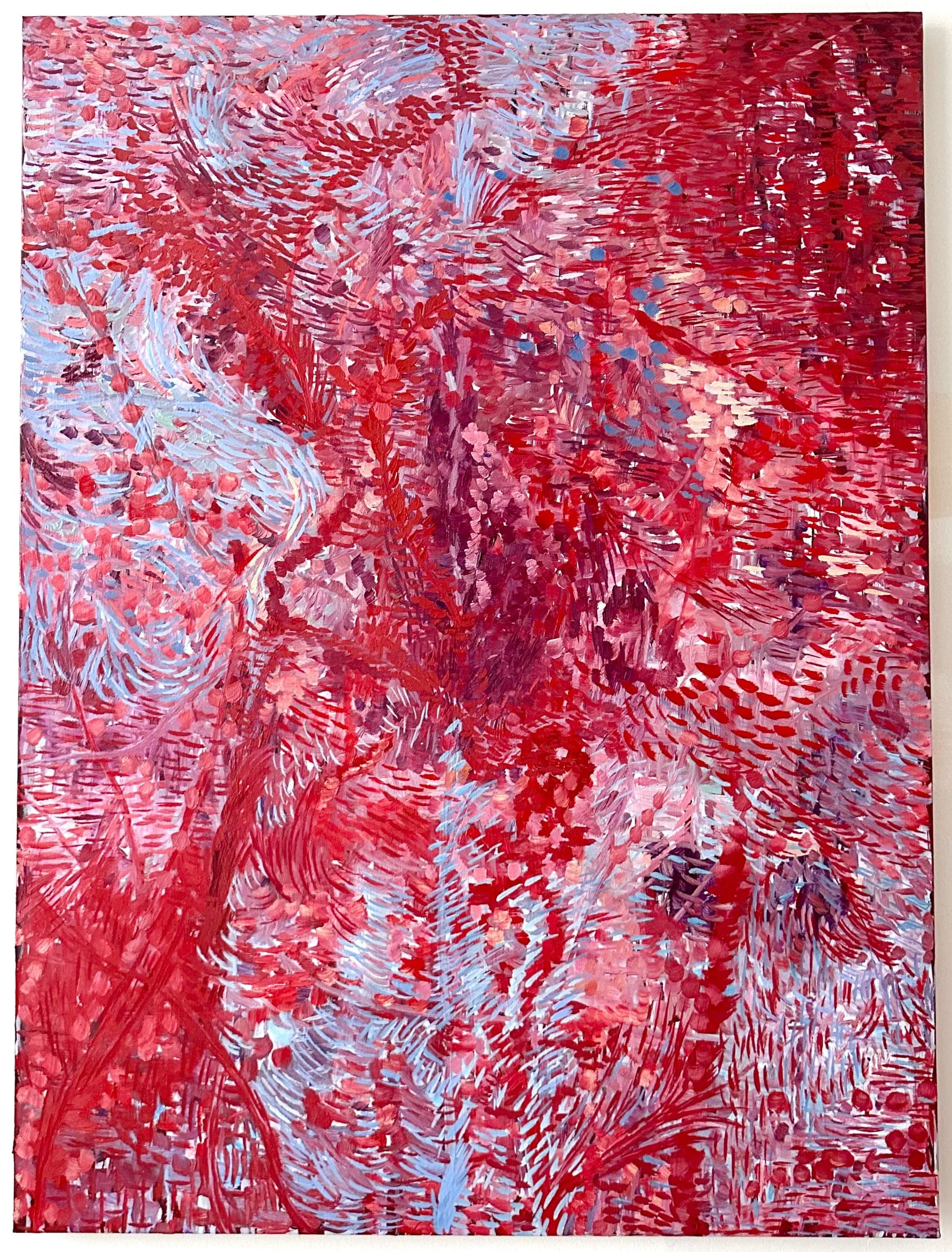 Blooming Life — Oil on canvas, red and blue, 40 × 30 in, by Selin Salci