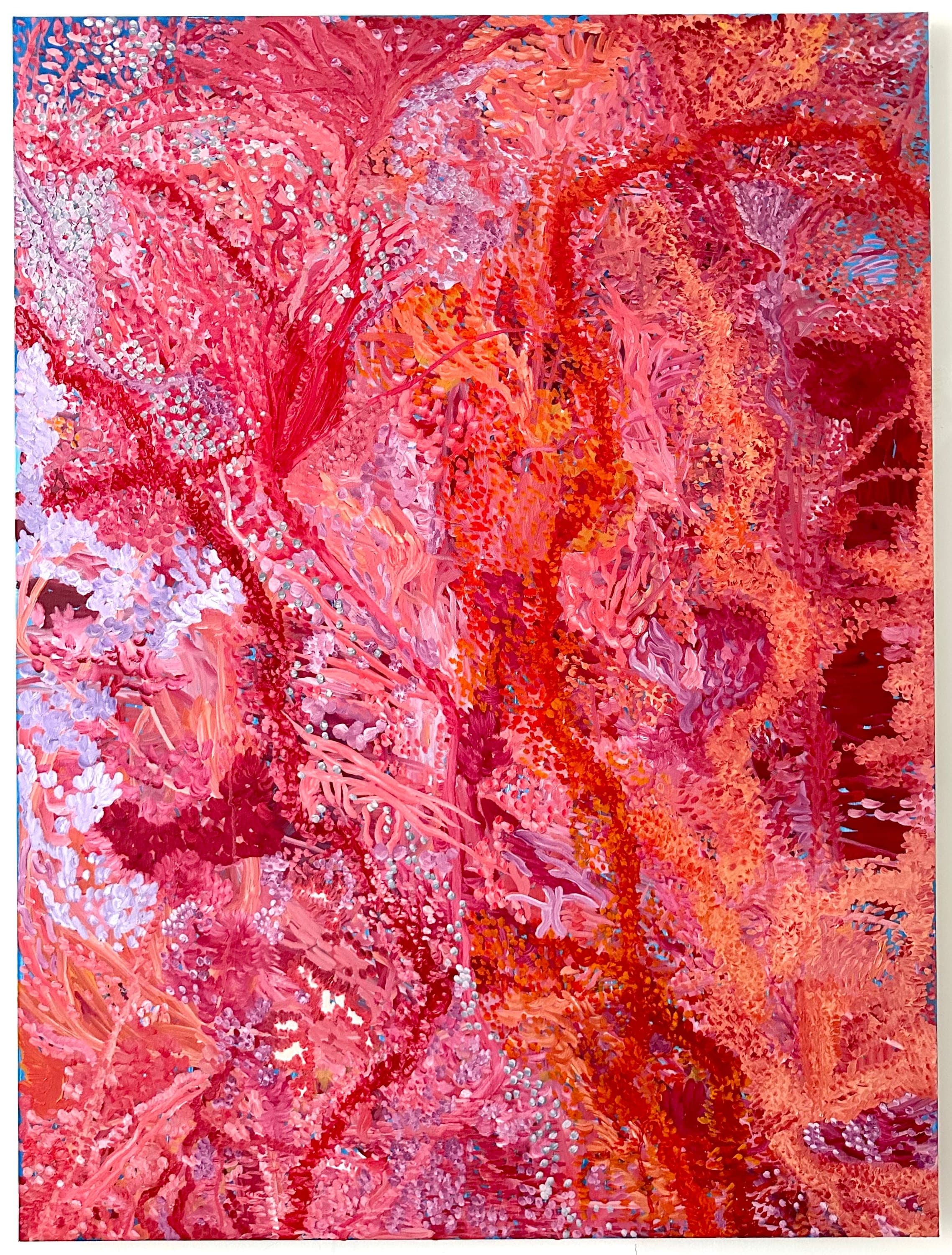 When you burned my heart — Oil on canvas, red, 48 × 36 in, by Selin Salci