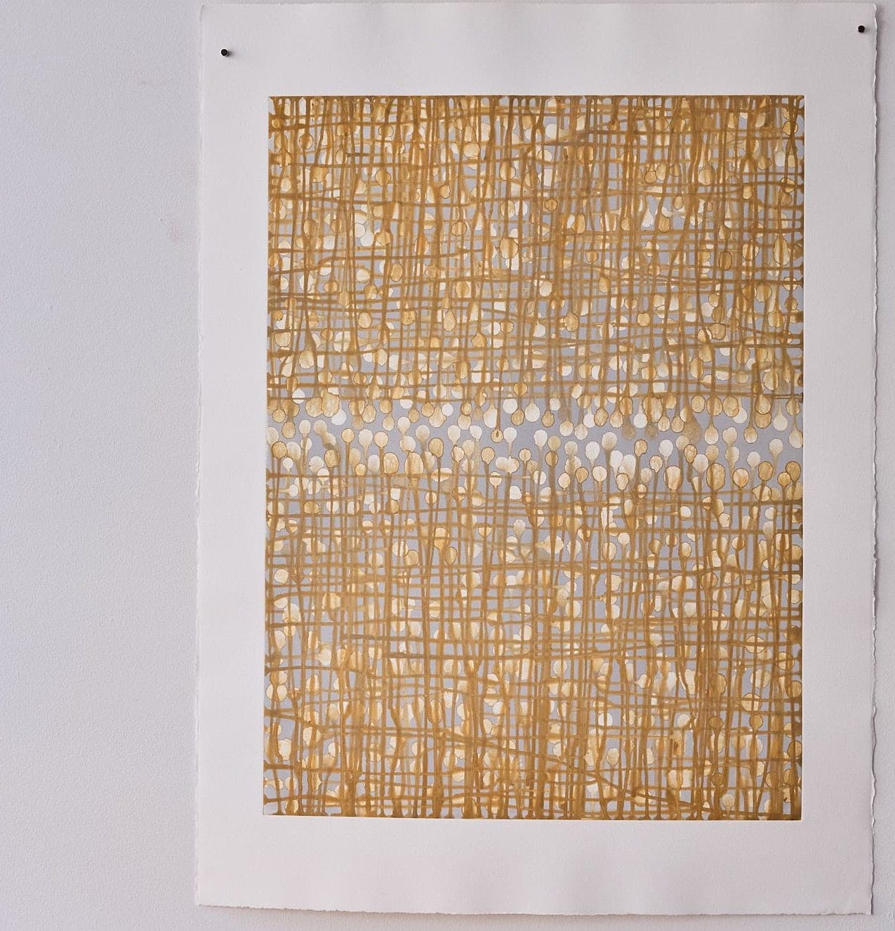 Untitled No. 33 — Monotype, artwork on paper, ochre and white, 30 × 22 in, by Selin Salci