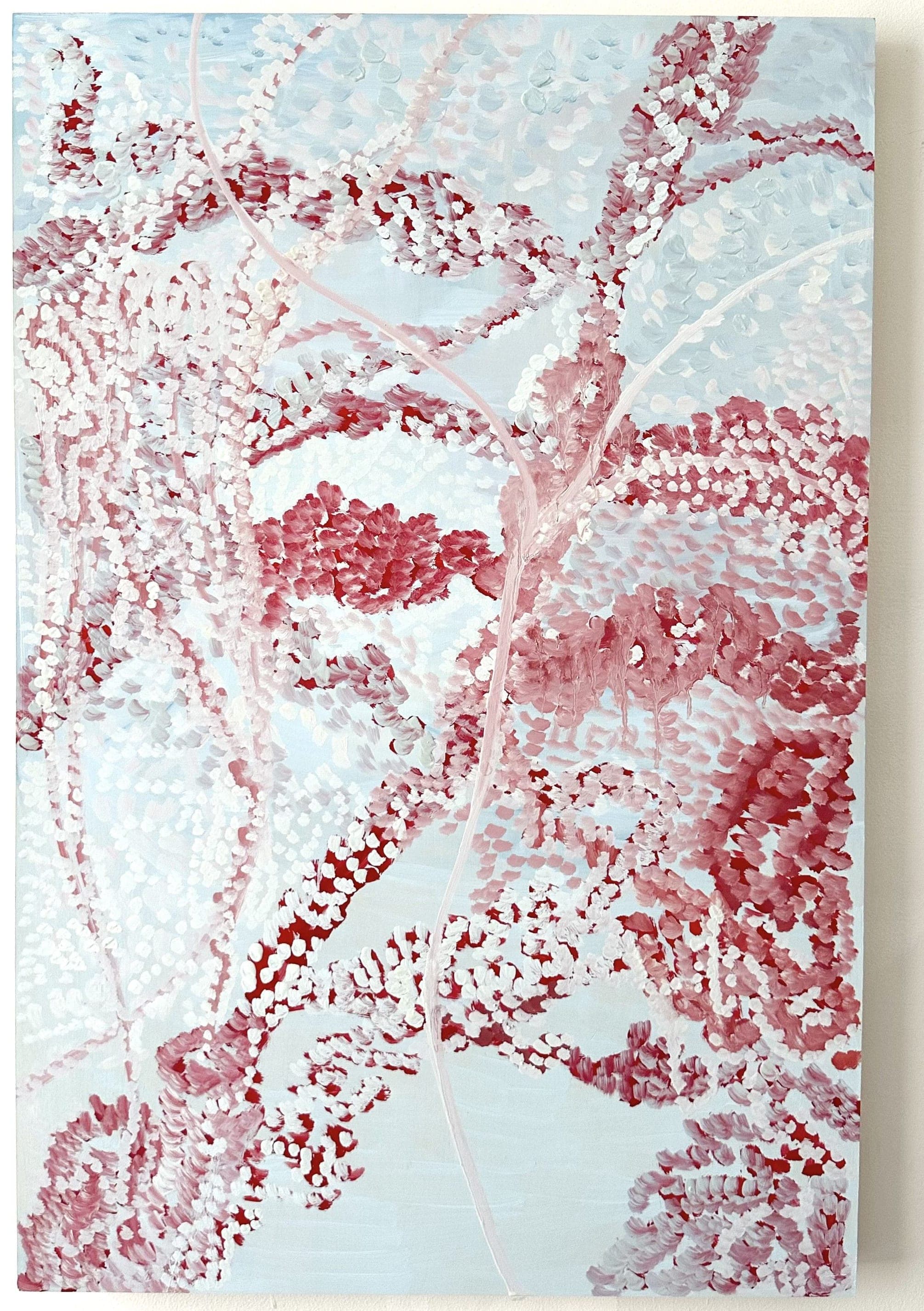 Untitled No. 67 — Oil on canvas, light blue and red, 34 × 26 in, by Selin Salci